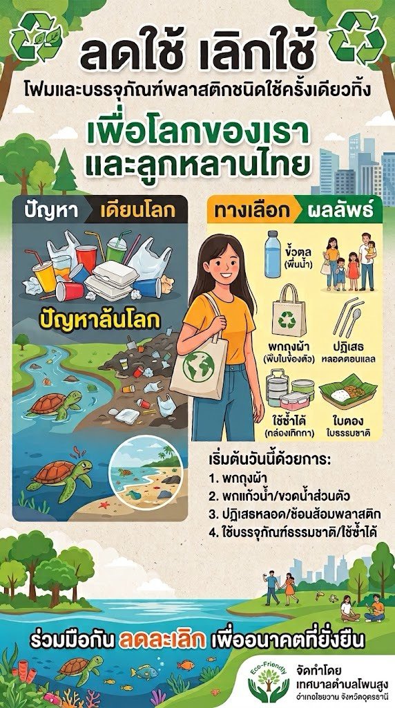 ประชาสัมพันธ์: เทศบาลตำบลโพนสูง เชิญชวนชาวโพนสูง ร่วมใจ "ลดใช้ เลิกใช้" โฟมและพลาสติกแบบใช้ครั้งเดียวทิ้ง  